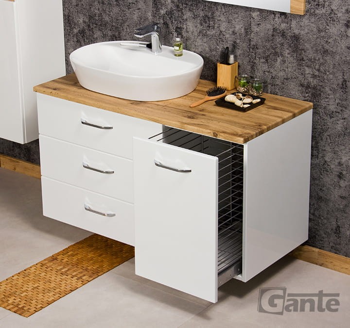 Szafka łazienkowa z koszem na bieliznę do tego blat i umywalka nablatowa