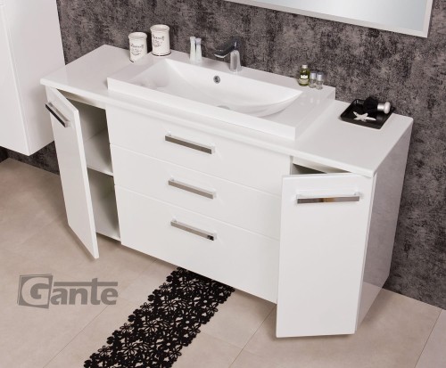 Wisząca szafka łazienkowa z umywalką z białym blatem 140 cm i z umywalka nablatową 3 szuflady, 2 szafki boczne (5).jpg