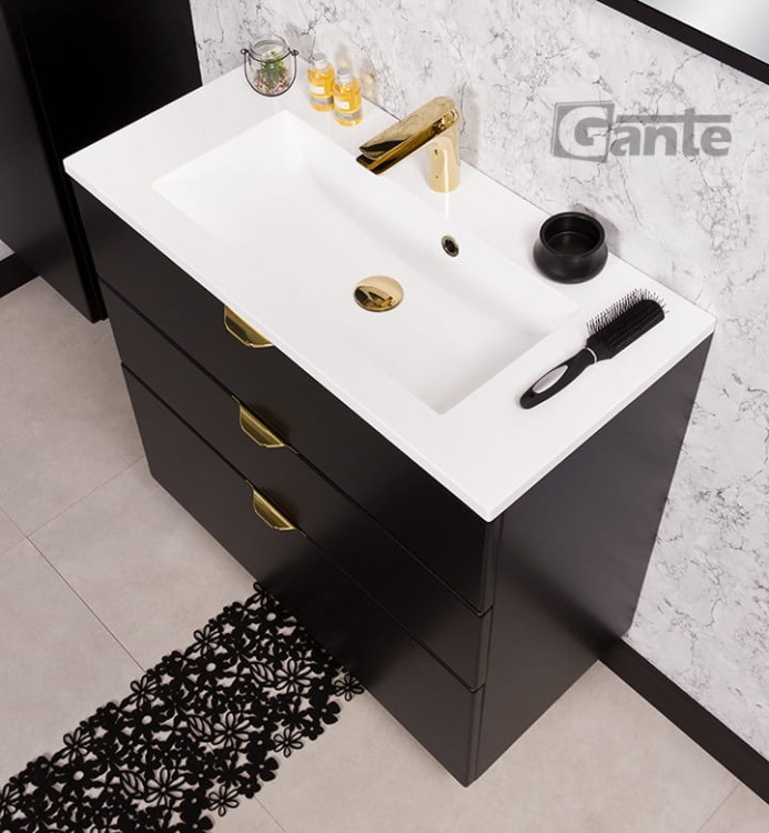 Czarna szafka pod umywalkę Victa 3 szuflady 80 cm z umywalką złote uchwyty (2).jpg