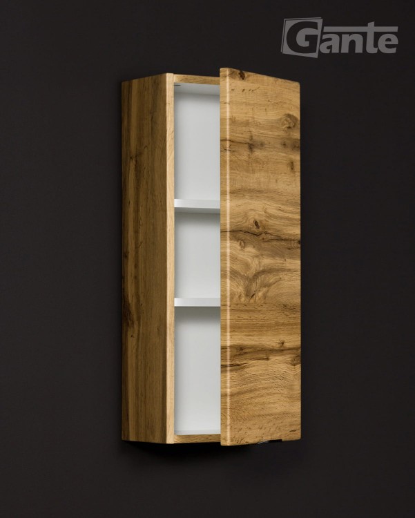 Mała wąska wisząca szafka do łazienki w kolorze dębu z czarnym uchwytem 30 cm szerokości 1 drzwi  (1).jpg