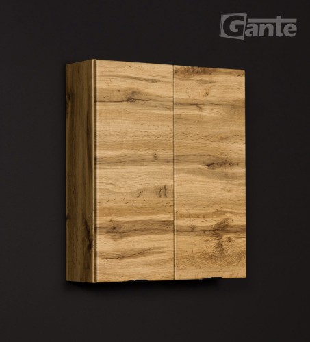 Mała wisząca szafka do łazienki nad pralkę w kolorze dębu z czarnym uchwytem 60 cm szerokości  drzwi (1).jpg