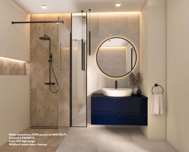 Granatowa szafka łazienkowa Kodi fronty w jodełkę w połączeniu w ceramika Paradyż czarne dodatki.jpg