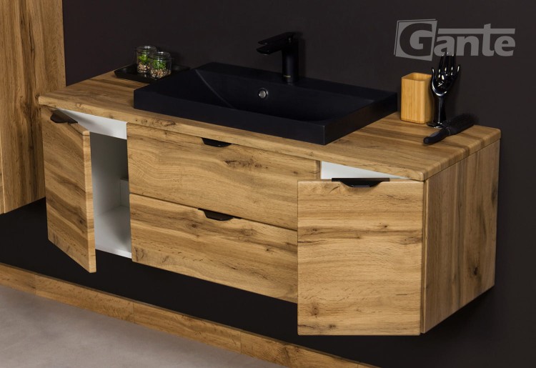 Szafka do łazienki z blatem 120 cm 2 szuflady i 2 szafki boczne  dekor dąb naturalny czarne uchwyty i czarna matowa umywalka