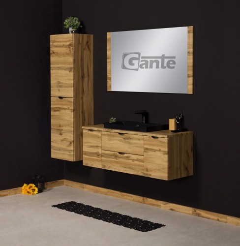 Szafka do łazienki z blatem 120 cm 2 szuflady i 2 szafki boczne  dekor dąb naturalny czarne uchwyty i czarna matowa umywalka (2).jpg