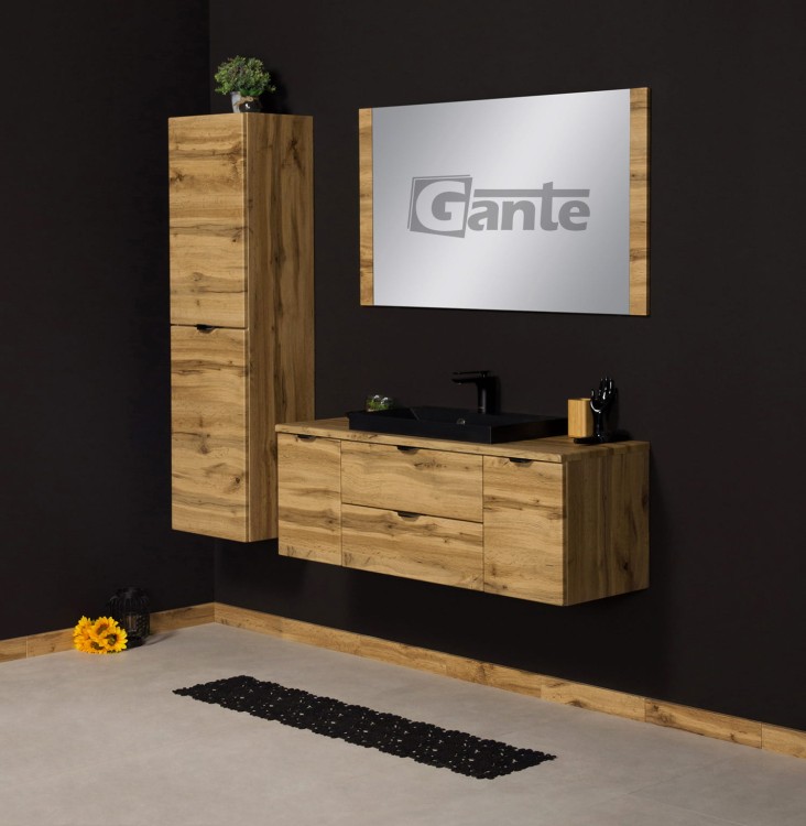 Szafka do łazienki z blatem 120 cm 2 szuflady i 2 szafki boczne  dekor dąb naturalny czarne uchwyty i czarna matowa umywalka (2).jpg