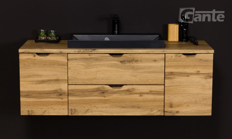 Szafka do łazienki z blatem 120 cm 2 szuflady i 2 szafki boczne  dekor dąb naturalny czarne uchwyty i czarna matowa umywalka (3).jpg