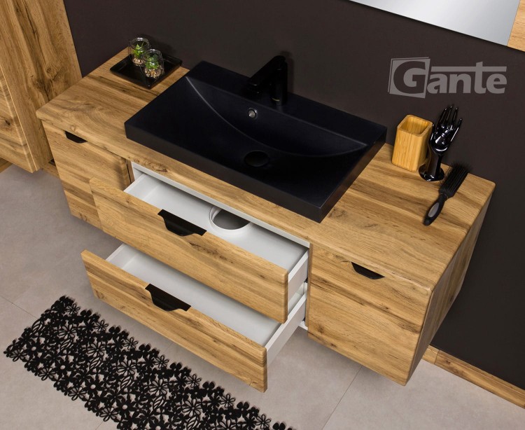 Szafka do łazienki z blatem 120 cm 2 szuflady i 2 szafki boczne  dekor dąb naturalny czarne uchwyty i czarna matowa umywalka (4).jpg