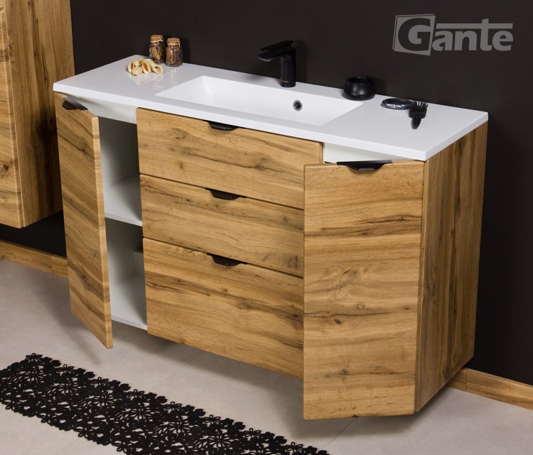 Szafka łazienkowa z umywalka 120 cm dekor dąb naturalny 3 szuflady i 2 szafki boczne