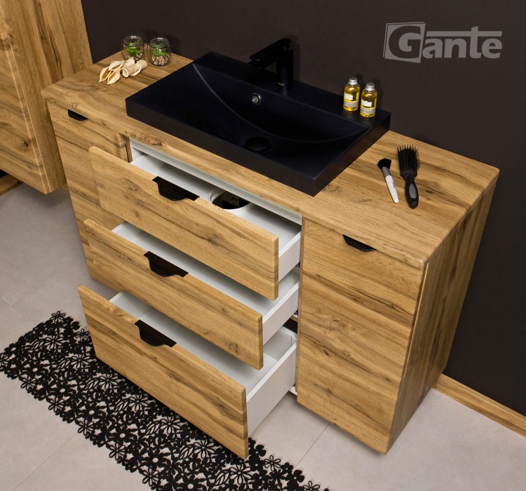 Szafka do łazienki z blatem 120 cm 3 szuflady i 2 szafki boczne  dekor dąb naturalny czarne uchwyty czarna matowa umywalka (1).jpg