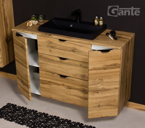 Szafka do łazienki z blatem 120 cm 3 szuflady i 2 szafki boczne  dekor dąb naturalny czarne uchwyty czarna matowa umywalka (2).jpg