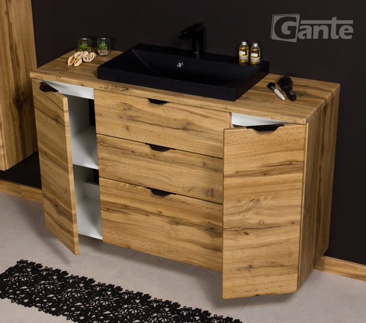 Szafka do łazienki z blatem 120 cm 3 szuflady i 2 szafki boczne  dekor dąb naturalny czarne uchwyty czarna matowa umywalka (2).jpg