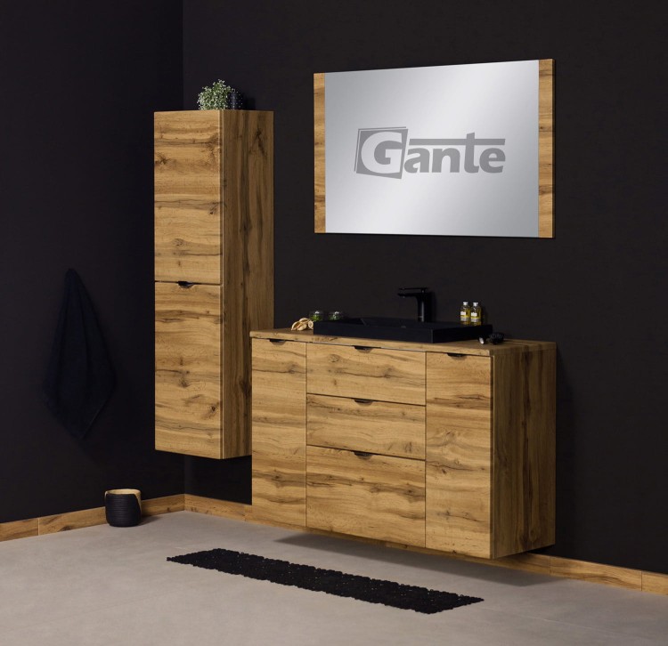 Szafka do łazienki z blatem 120 cm 3 szuflady i 2 szafki boczne  dekor dąb naturalny czarne uchwyty czarna matowa umywalka (3).jpg