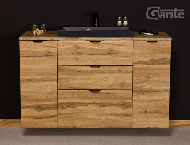 Szafka do łazienki z blatem 120 cm 3 szuflady i 2 szafki boczne  dekor dąb naturalny czarne uchwyty czarna matowa umywalka (4).jpg