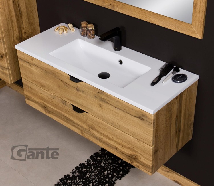 Szafka z umywalką 100 cm dekor dąb naturalny czarne matowe uchwyty styl loft (2).jpg