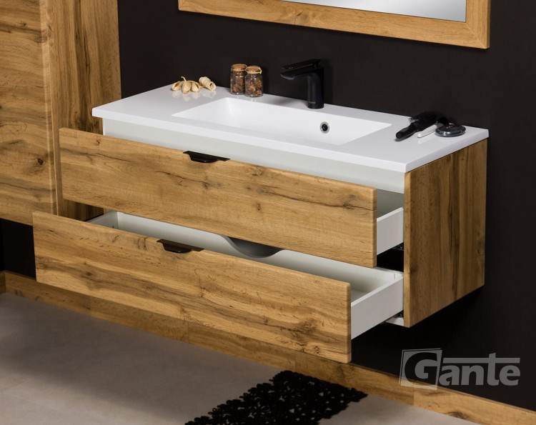 Szafka z umywalką 100 cm dekor dąb naturalny czarne matowe uchwyty styl loft (3).jpg