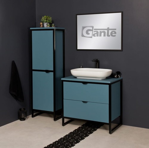 Niebieska stojąca szafka pod umywalkę z blatem i białą umywalką nablatową szerokość 80 cm 2 szuflady (2).jpg