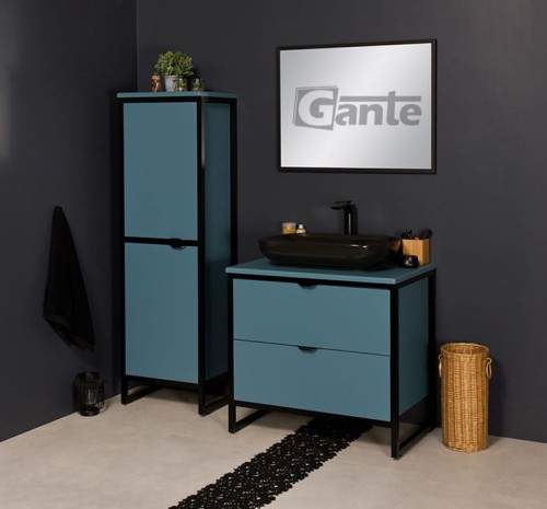 Niebieska stojąca szafka pod umywalkę z blatem i czarną umywalką nablatową szerokość 80 cm 2 szuflady (2).jpg