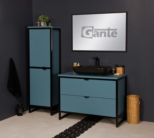 Niebieska stojąca szafka pod umywalkę z blatem i czarną umywalką nablatową szerokość 100 cm 2 szuflady (6).jpg