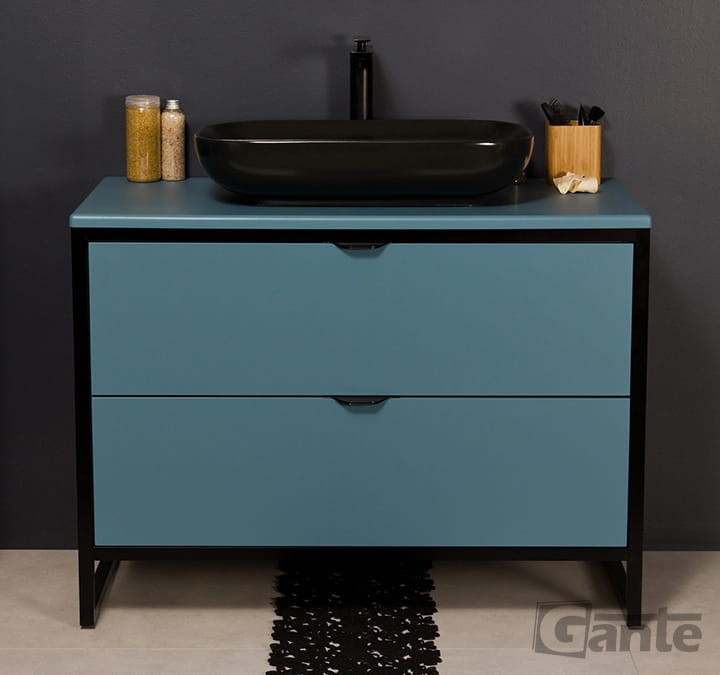 Niebieska stojąca szafka pod umywalkę z blatem i czarną umywalką nablatową szerokość 100 cm 2 szuflady (7).jpg