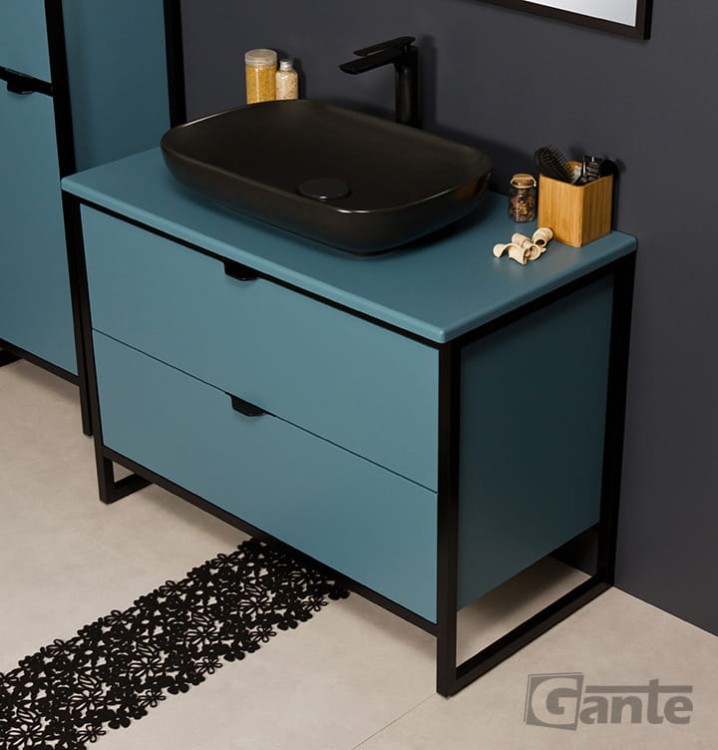 Niebieska stojąca szafka pod umywalkę z blatem i czarną umywalką nablatową szerokość 100 cm 2 szuflady (8).jpg