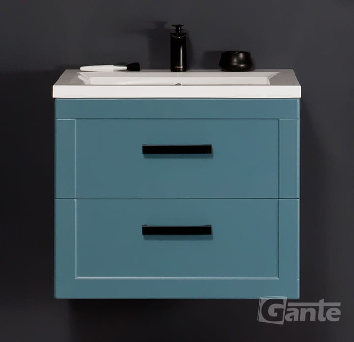 Niebieska szafka do łazienki z umywalką 60 cm 2 szuflady czarne uchwyty kolekcja Meiva (1).jpg