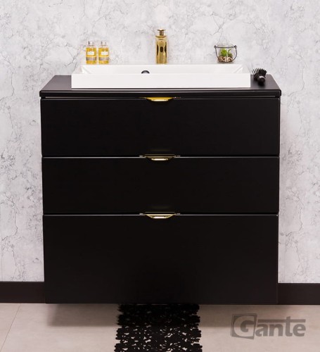 Czarna szafka pod umywalkę Victa 3 szuflady 80 cm z blatem i umywalką nablatową złote uchwyty (1).jpg