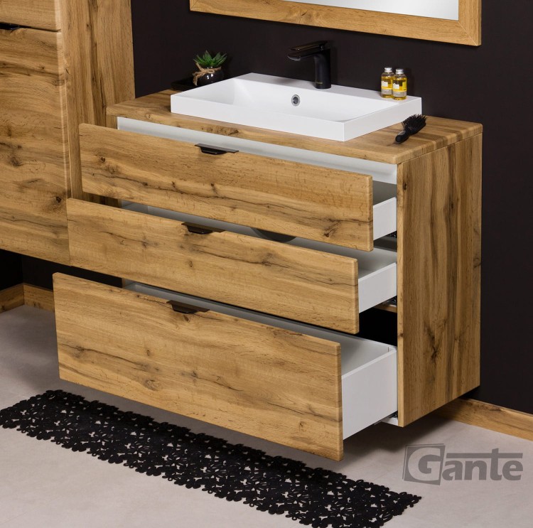 Szafka z umywalką 100 cm z blatem 2 szuflady dekor dąb naturalny czarne uchwyty (1).jpg