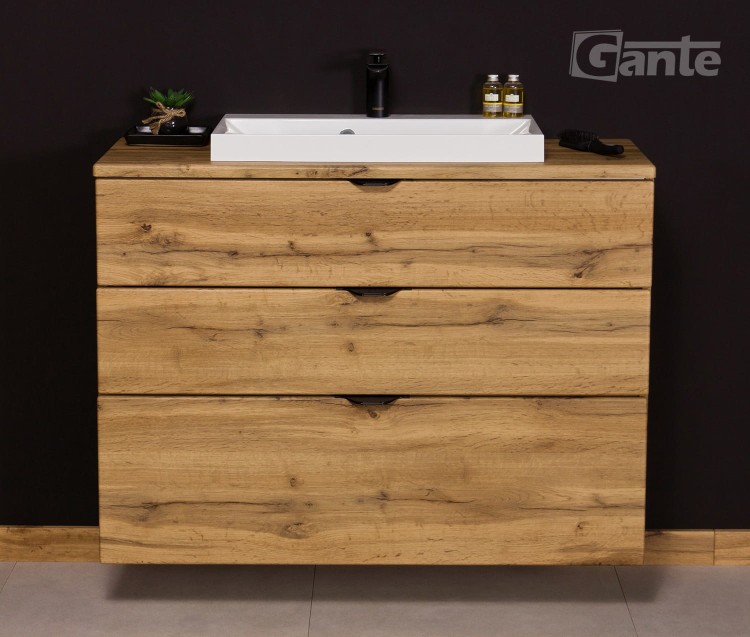 Szafka z umywalką 100 cm z blatem 2 szuflady dekor dąb naturalny czarne uchwyty (3).jpg