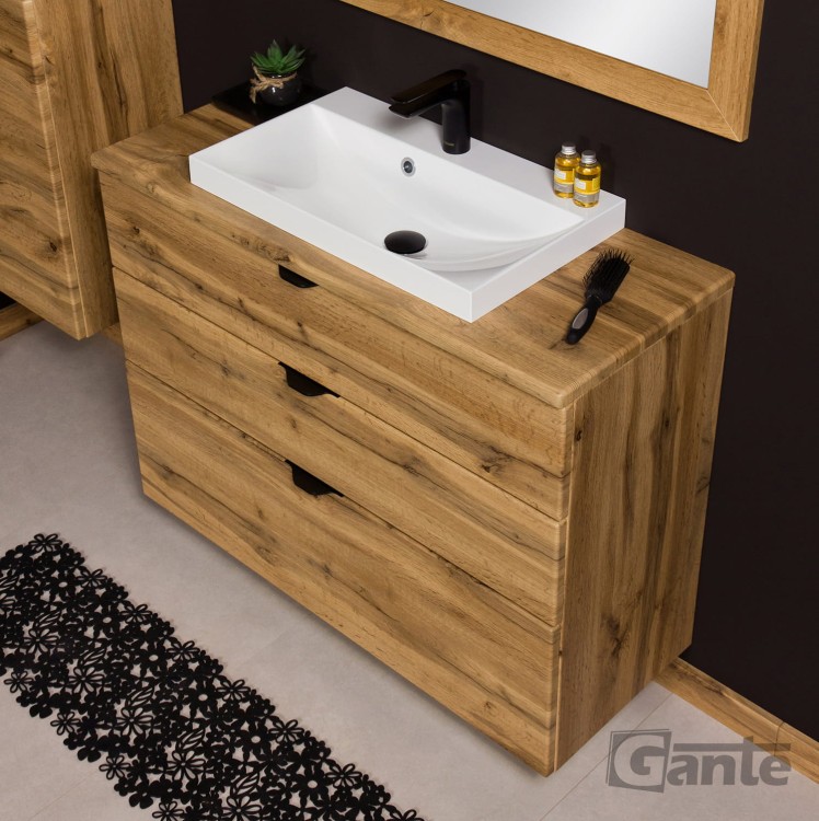 Szafka z umywalką 100 cm z blatem 2 szuflady dekor dąb naturalny czarne uchwyty (4).jpg