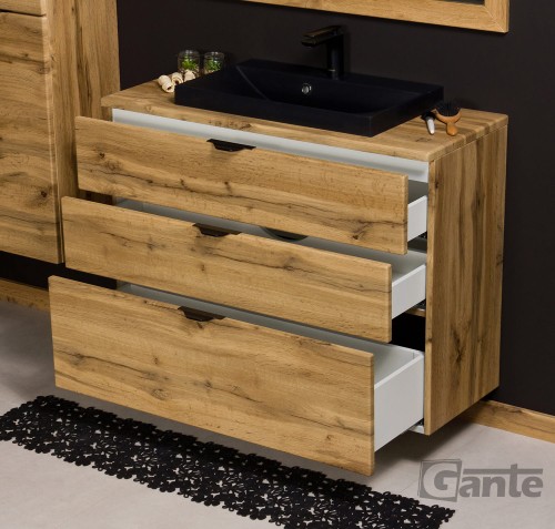 Szafka z umywalką 100 cm z blatem 2 szuflady dekor dąb naturalny czarne uchwyty matowa czarna umywalka (1).jpg