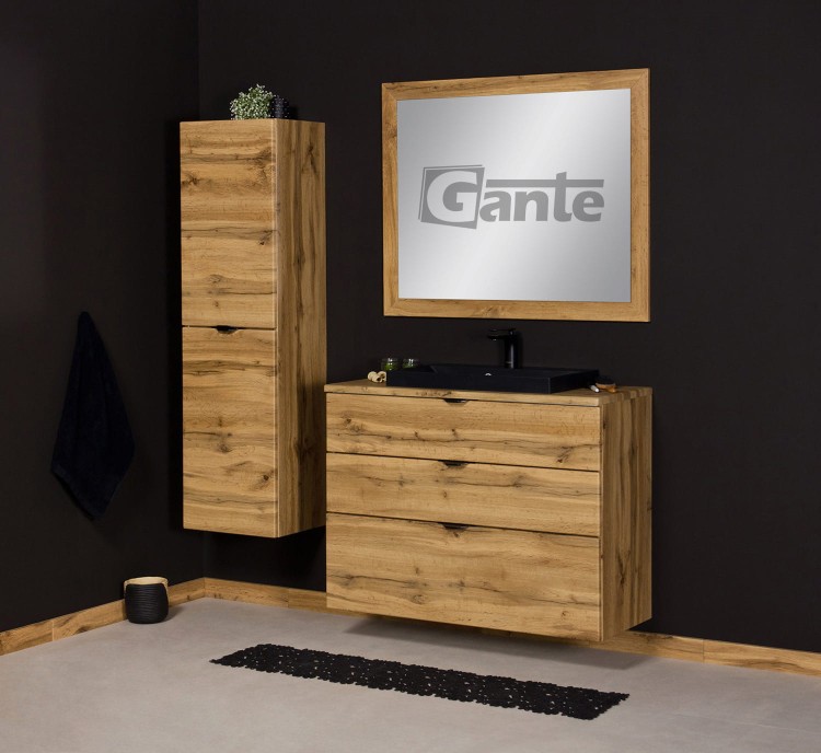 Szafka z umywalką 100 cm z blatem 2 szuflady dekor dąb naturalny czarne uchwyty matowa czarna umywalka (2).jpg