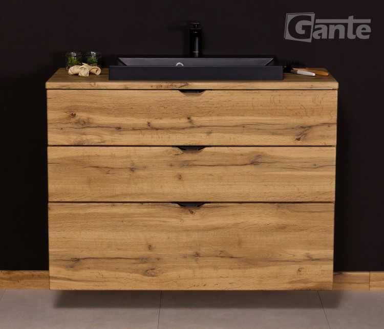 Szafka z umywalką 100 cm z blatem 2 szuflady dekor dąb naturalny czarne uchwyty matowa czarna umywalka (3).jpg