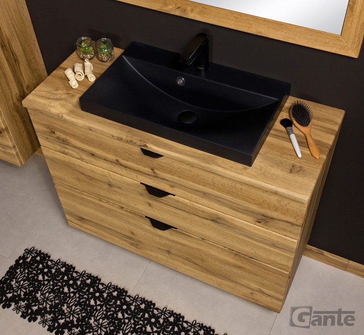 Szafka z umywalką 100 cm z blatem 2 szuflady dekor dąb naturalny czarne uchwyty matowa czarna umywalka (4).jpg
