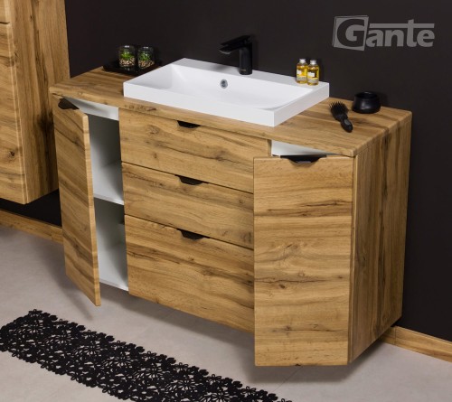 Szafka do łazienki z blatem 120 cm 3 szuflady i 2 szafki boczne  dekor dąb naturalny czarne uchwyty (1).jpg