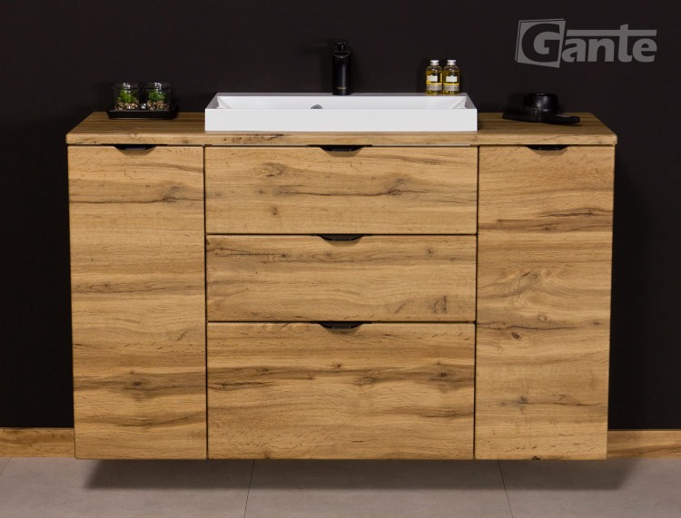 Szafka do łazienki z blatem 120 cm 3 szuflady i 2 szafki boczne  dekor dąb naturalny czarne uchwyty (3).jpg