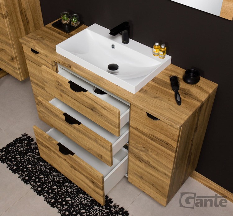 Szafka do łazienki z blatem 120 cm 3 szuflady i 2 szafki boczne  dekor dąb naturalny czarne uchwyty (4).jpg