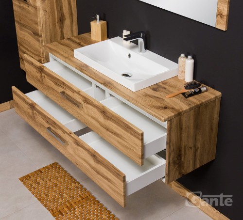 Szafka łazienkowa wisząca z blatem 120 cm kolor dąb naturalny 2 szuflady umywalka nablatowa z niskim rantem (5).jpg