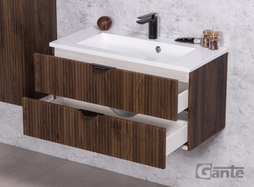 Szafka do łazienki z umywalką 80 cm z 2 szufladami drewno ciemne front lamele kolekcja victa lamello