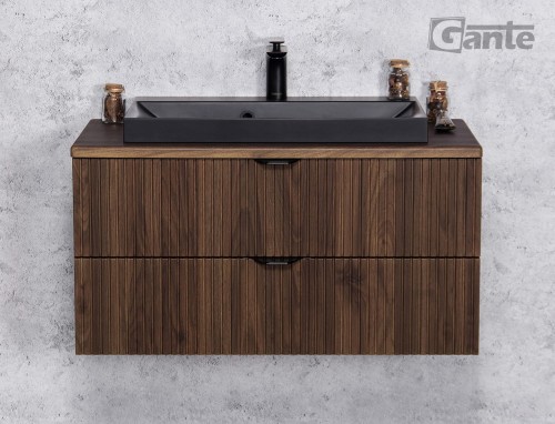 Szafka do łazienki z blatem 80 cm czarna umywalka 2 szuflady ciemne drewno front lamele kolekcja Victa (3).jpg