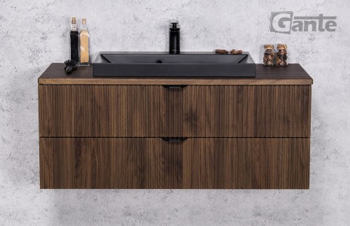 Szafka do łazienki z blatem 100 cm czarna nablatowa umywalka 2 szuflady ciemne drewno front lamele kolekcja Victa (3).jpg