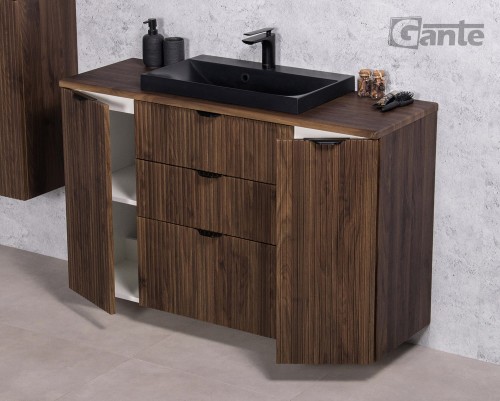 modna szafka łazienkowa z blatem kolor ciemne drewno czarna matowa umywalka lamele na frontach (5).jpg