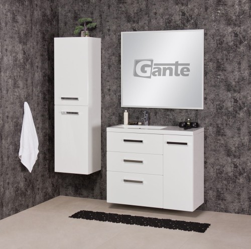 Wisząca szafka do łazienki z umywalką biały połysk Fokus 90 cm 3 szuflady i szafka boczna