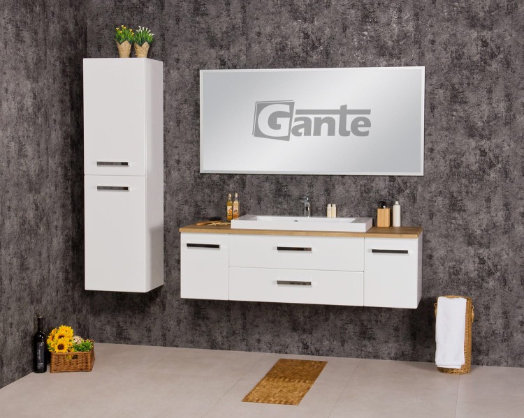 Wiszaca szafka łazienkowa z blatem w kolorze dębu szerokość 140 cm do tego umywalka nablatowa niska 2 szuflady po środku po bokach szafki głebokość 40 cm (2).jpg