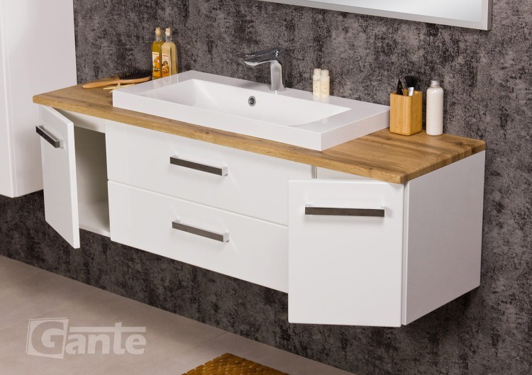 Wiszaca szafka łazienkowa z blatem w kolorze dębu szerokość 140 cm do tego umywalka nablatowa niska 2 szuflady po środku po bokach szafki głebokość 40 cm (5).jpg