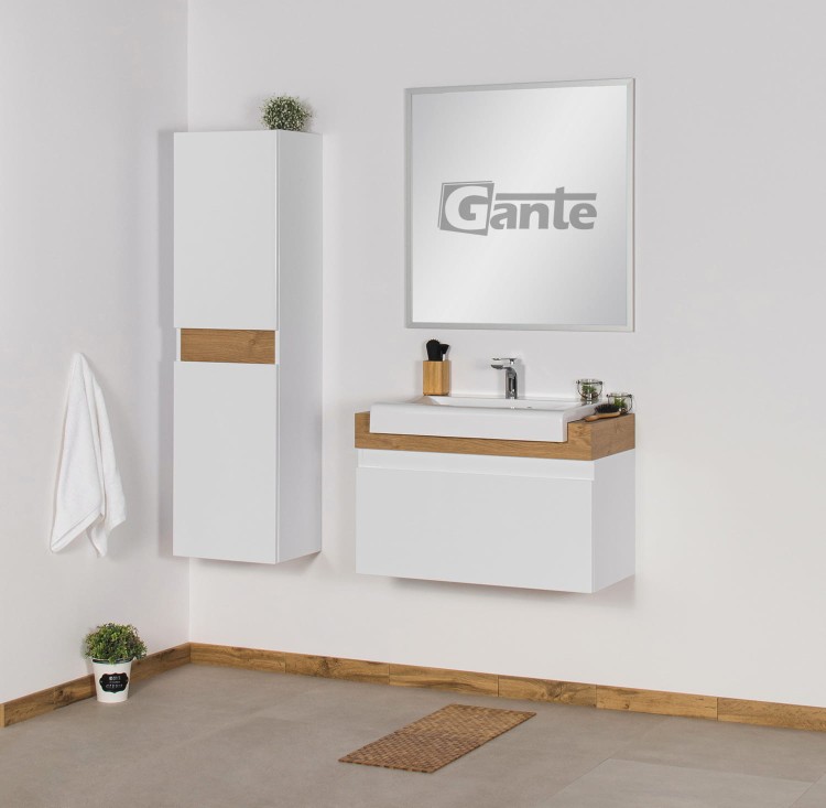 szafka łazienkowa 80 cm biały połysk jedna szuflada z grubym blatem kolor blatu dąb naturalny do umywalki nablatowej.jpg