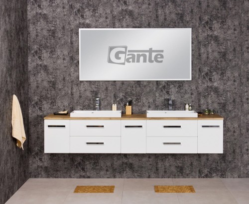 Duża szafka do łazienki 2 m z blatem w dekorze drewna na 2 umywalki nablatowe kolor biały połysk kolekcja Fokus