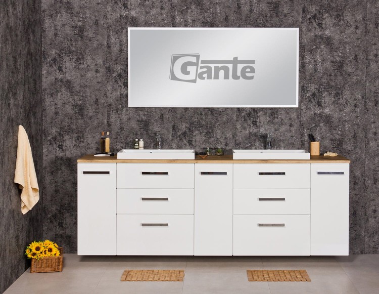 Duża szafka do łazienki 2 metry z  blatem w dekorze dąb na 2 umywalki nablatowe kolor biały połysk kolekcja Fokus (2).jpg