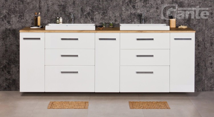 Duża szafka do łazienki 2 metry z  blatem w dekorze dąb na 2 umywalki nablatowe kolor biały połysk kolekcja Fokus (3).jpg