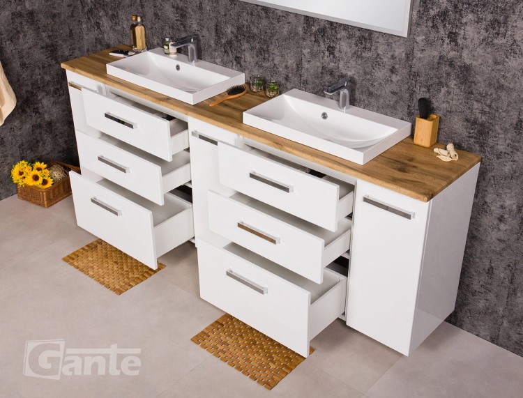 Duża szafka do łazienki 2 metry z  blatem w dekorze dąb na 2 umywalki nablatowe kolor biały połysk kolekcja Fokus (4).jpg