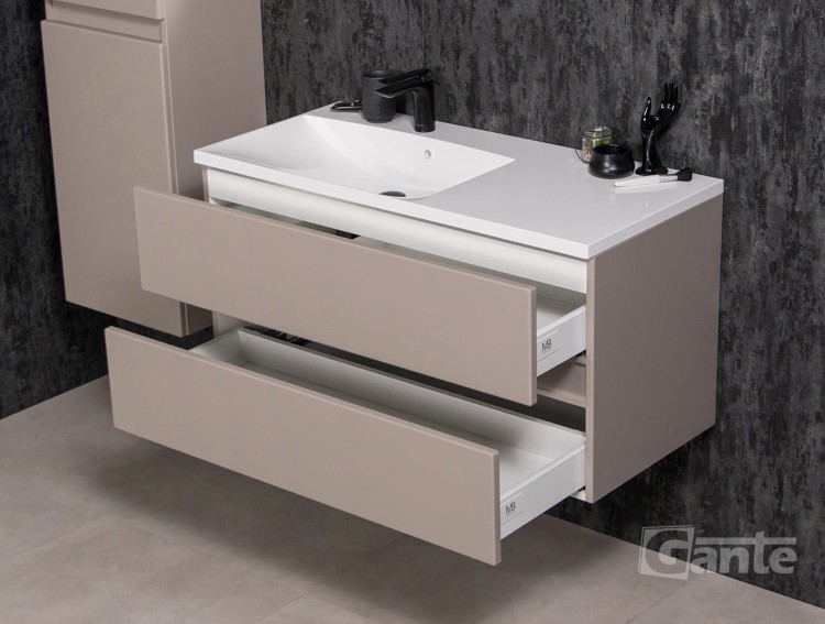 szafka do łazienki z szufladami fume mat 100 cm beżowy kaszmir 2 szuflady bez uchwytów kolekcja Esto umywalka z blatem odstawczym (1).jpg